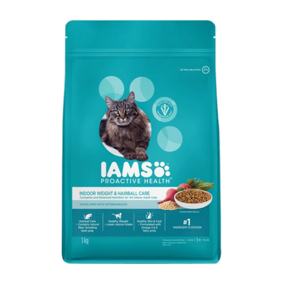 IAMS Indoor Weight and Hairball Care cat food 1kg bag front view