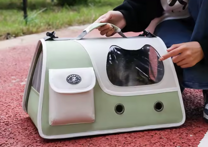 Light green foldable cat carrier bag with pocket and window
