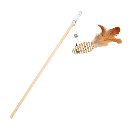 cat feather wand toy with wooden pole and jute lure