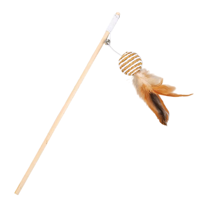 cat feather wand toy with wooden pole and jute lure