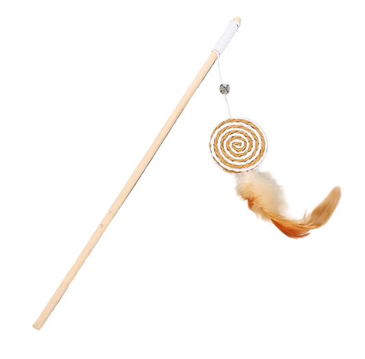 cat feather wand toy with wooden pole and jute lure