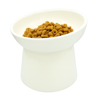white elevated ceramic pet bowl with slanted design for cats