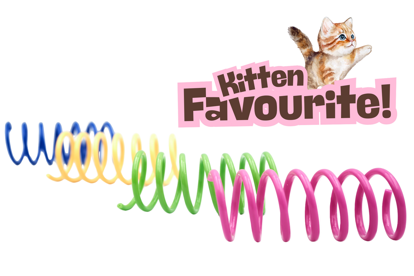 Colorful cat toy springs with a kitten illustration and 'Kitten Favourite!' text on a white background.