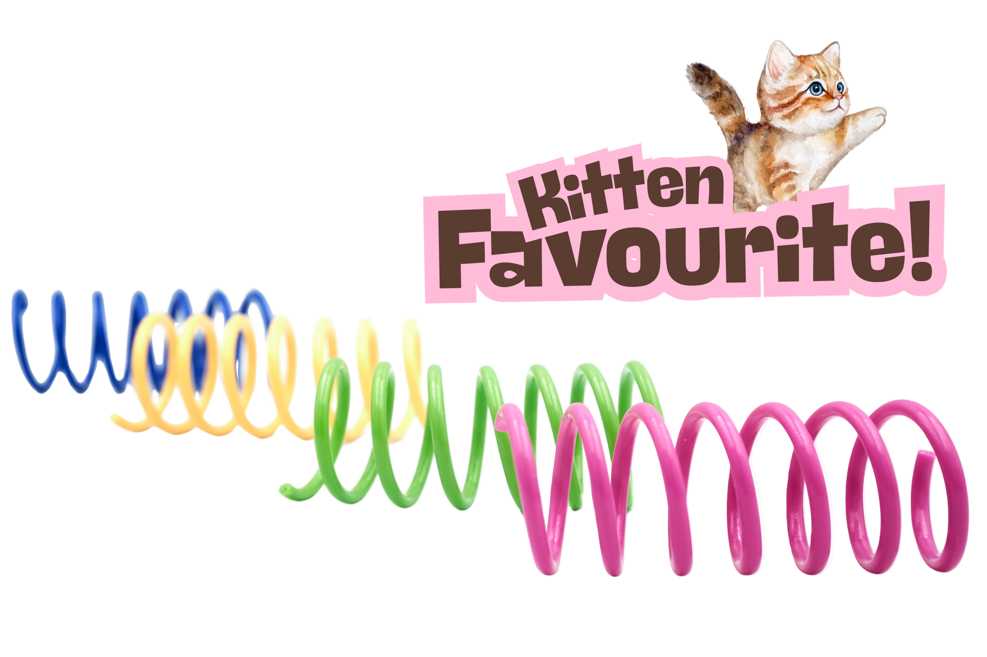 Colorful cat toy springs with a kitten illustration and 'Kitten Favourite!' text on a white background.