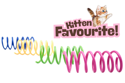 Colorful cat toy springs with a kitten illustration and 'Kitten Favourite!' text on a white background.